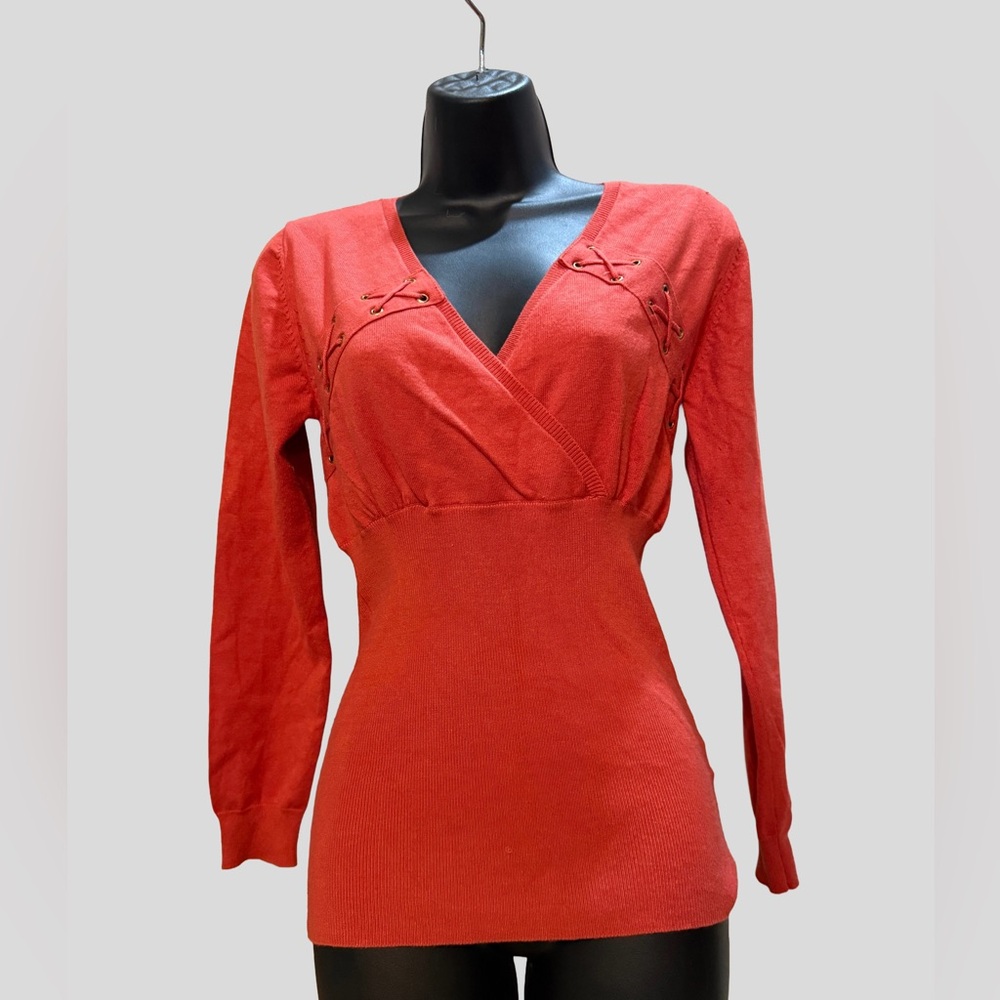 VENUS Rust Lace-Up V-Neck Blouse